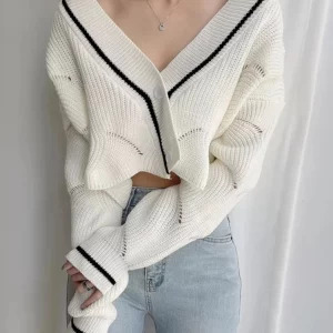 Y2K Vintage Cropped Cardigan: French Style Single-breasted Sweater Bolero with V-neck - Grunge A