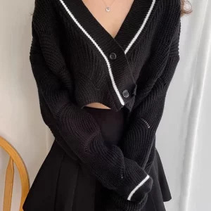 Y2K Vintage Cropped Cardigan: French Style Single-breasted Sweater Bolero with V-neck - Grunge A