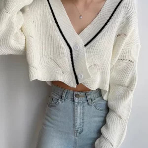 Y2K Vintage Cropped Cardigan: French Style Single-breasted Sweater Bolero with V-neck - Grunge A