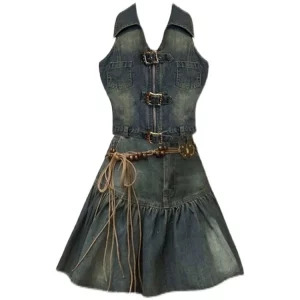 Y2K Vintage Denim Aesthetic 2-Piece Set: Tank Top and Midi Skirt