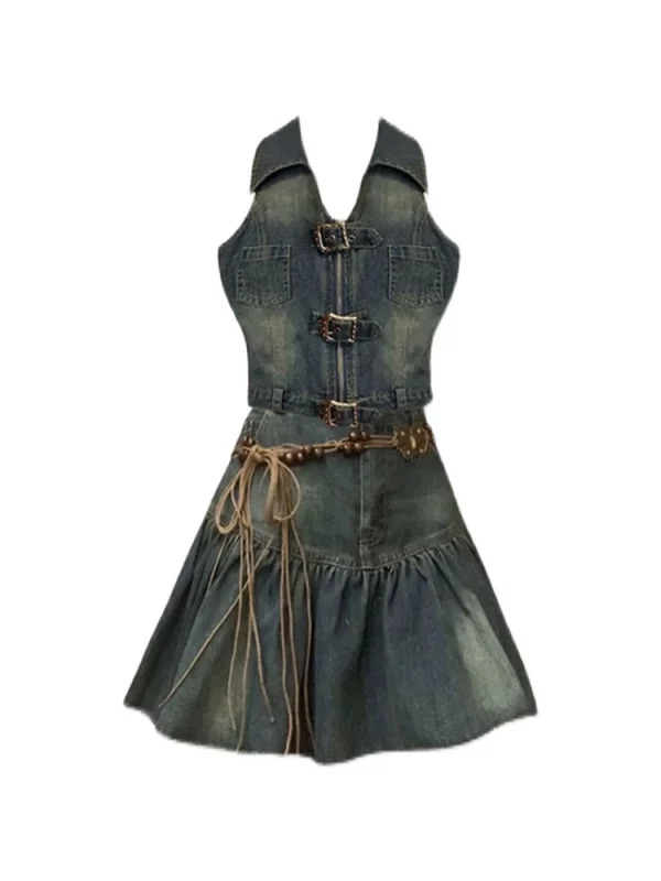 Y2K Vintage Denim Aesthetic 2-Piece Set: Tank Top and Midi Skirt