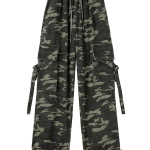 Y2K Vintage Denim Cargo Pants - American Streetwear Grunge Camouflage Jeans