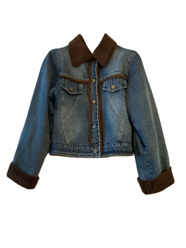 Y2K Vintage Denim Jacket: Lambs Wool Patchwork Coat for Women