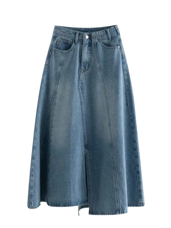 Y2K Vintage Denim Midi A-line Skirt - Street Chic Retro Fashion