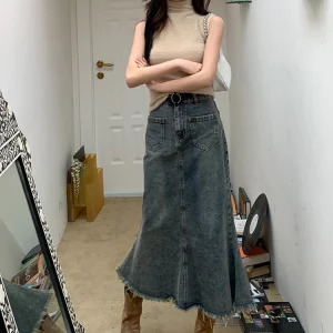 Y2K Vintage Denim Midi Skirt with Belt - Grunge Fairycore Streetwear