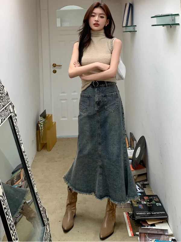 Y2K Vintage Denim Midi Skirt with Belt - Grunge Fairycore Streetwear