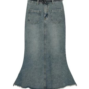 Y2K Vintage Denim Midi Skirt with Belt - Grunge Fairycore Streetwear