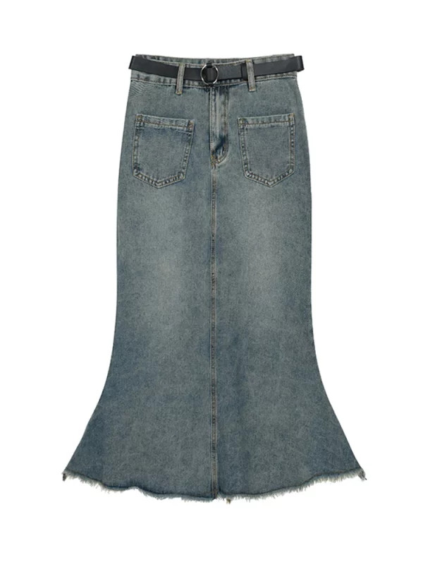 Y2K Vintage Denim Midi Skirt with Belt - Grunge Fairycore Streetwear