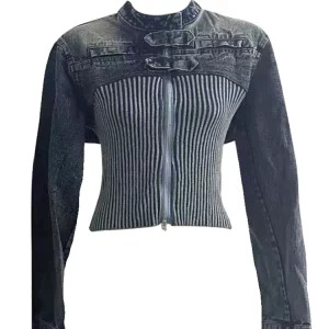 Y2K Vintage Denim Patchwork Cardigan - Grunge Cyber Punk Stand Collar Zip Jacket