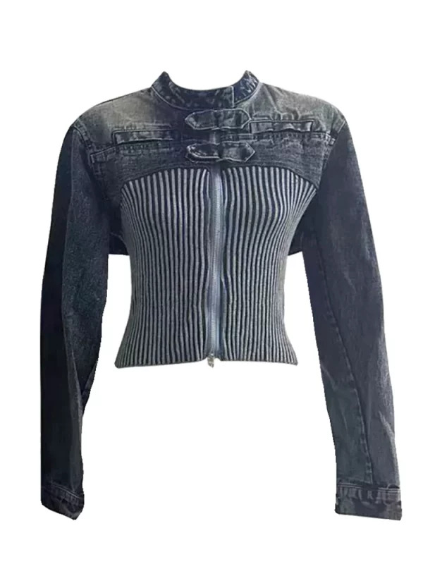 Y2K Vintage Denim Patchwork Cardigan - Grunge Cyber Punk Stand Collar Zip Jacket