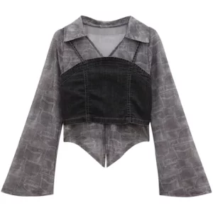 Y2K Vintage Denim Patchwork Two-Piece Set - French Fall Fashion Women's Chic Crop Tops