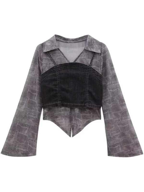 Y2K Vintage Denim Patchwork Two-Piece Set - French Fall Fashion Women's Chic Crop Tops