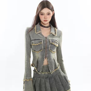 Y2K Vintage Denim Rave Outfit Set with Long Sleeve Jacket and Mini Pleated Skirt