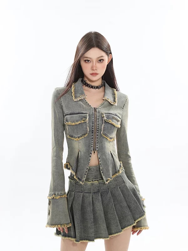 Y2K Vintage Denim Rave Outfit Set with Long Sleeve Jacket and Mini Pleated Skirt