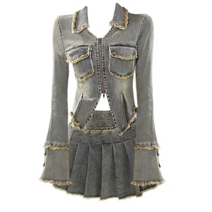 Y2K Vintage Denim Rave Outfit Set with Long Sleeve Jacket and Mini Pleated Skirt