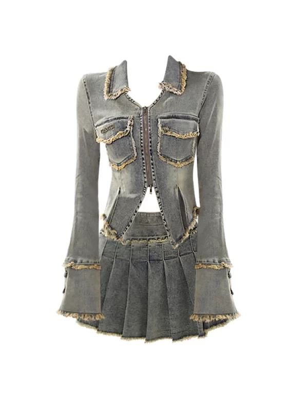 Y2K Vintage Denim Rave Outfit Set with Long Sleeve Jacket and Mini Pleated Skirt