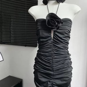 Y2K Vintage Draped Mini Dress - Black Halter Prom Gown for Women