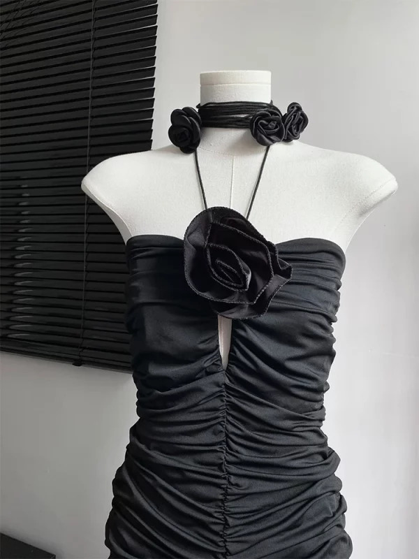 Y2K Vintage Draped Mini Dress - Black Halter Prom Gown for Women