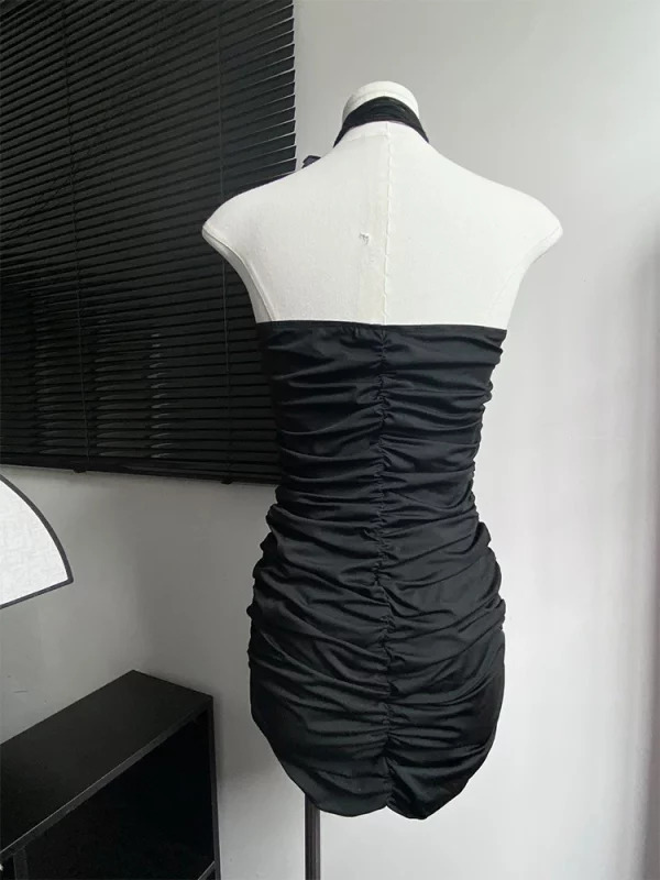 Y2K Vintage Draped Mini Dress - Black Halter Prom Gown for Women