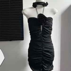 Y2K Vintage Draped Mini Dress - Black Halter Prom Gown for Women