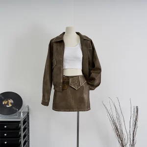 Y2K Vintage Faux Leather 2-Piece Set: Full Zip Jacket & High Waist Mini Skirt