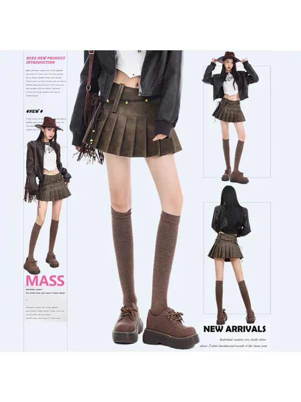 Y2K Vintage Faux Leather Mini Skirt - Korean Fashion Dark Academia Harajuku Retro Style