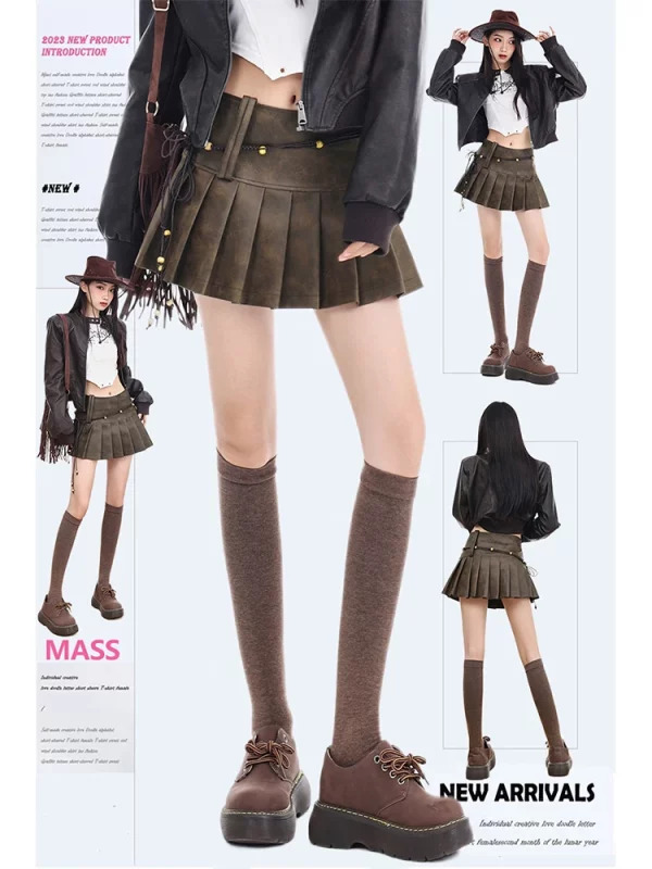 Y2K Vintage Faux Leather Mini Skirt - Korean Fashion Dark Academia Harajuku Retro Style