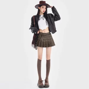 Y2K Vintage Faux Leather Mini Skirt - Korean Fashion Dark Academia Harajuku Retro Style