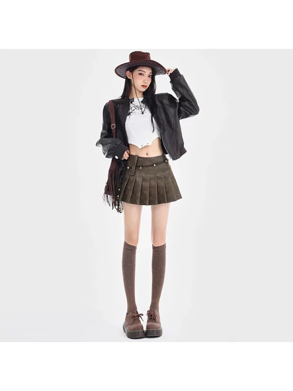 Y2K Vintage Faux Leather Mini Skirt - Korean Fashion Dark Academia Harajuku Retro Style