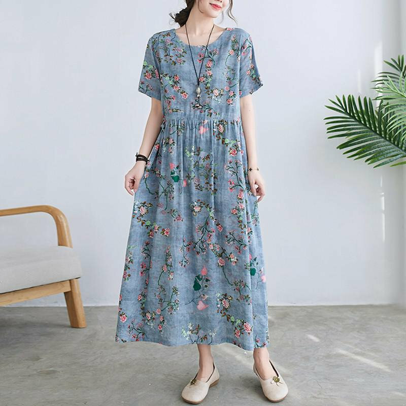 Y2K Vintage Floral Print Cotton Linen A-line Long Dress - Summer Casual Chic