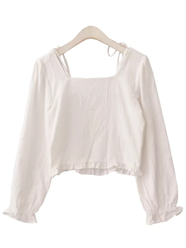 Y2K Vintage French Fashion Draped White Shirt - Long Sleeve Romantic Aesthetic Crop Top