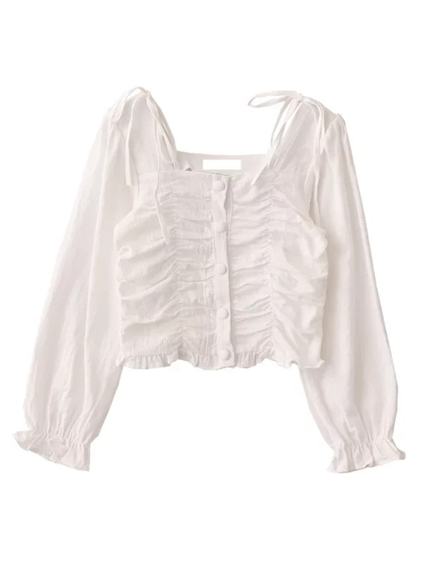 Y2K Vintage French Fashion Draped White Shirt - Long Sleeve Romantic Aesthetic Crop Top