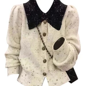 Y2K Vintage French Fashion Long Sleeve Cardigan Top - Retro 90s Grunge Style Sweater with Contrast Knit