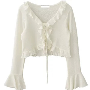 Y2K Vintage French Flare Sleeve Crop Top - Autumn Women's Romantic Ruffle Blouse