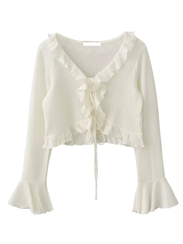 Y2K Vintage French Flare Sleeve Crop Top - Autumn Women's Romantic Ruffle Blouse