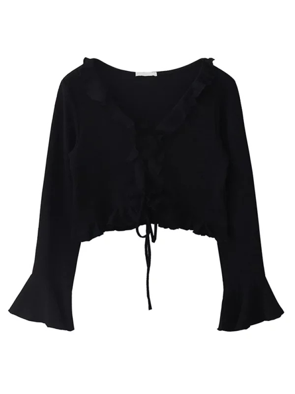 Y2K Vintage French Flare Sleeve Crop Top - Autumn Women's Romantic Ruffle Blouse