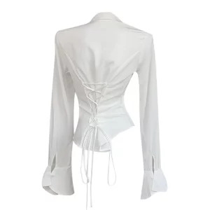 Y2K Vintage French White Lace-Up Blouse - Grunge 90s Style Slim Fit Top