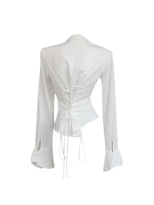 Y2K Vintage French White Lace-Up Blouse - Grunge 90s Style Slim Fit Top