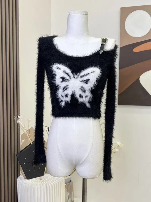 Y2K Vintage Gothic Crop Top - Off-Shoulder Harajuku Jumper - Retro 90s Aesthetic Swe