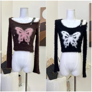 Y2K Vintage Gothic Crop Top - Off-Shoulder Harajuku Jumper - Retro 90s Aesthetic Swe