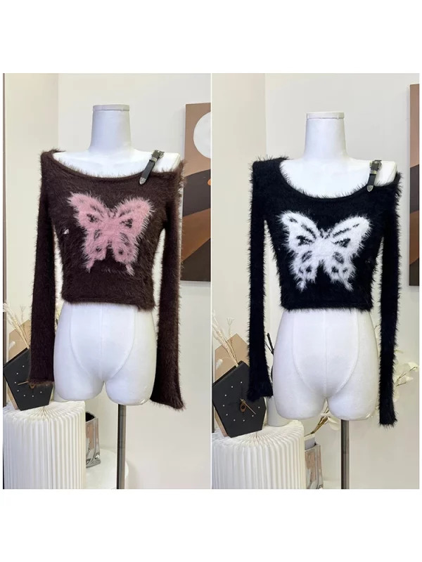 Y2K Vintage Gothic Crop Top - Off-Shoulder Harajuku Jumper - Retro 90s Aesthetic Swe