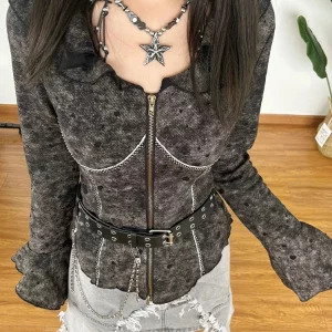 Y2K Vintage Gothic Zip-Up Shirt with Ruffles - Dark Academia Blouse