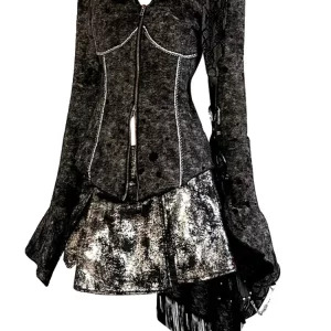 Y2K Vintage Gothic Zip-Up Shirt with Ruffles - Dark Academia Blouse