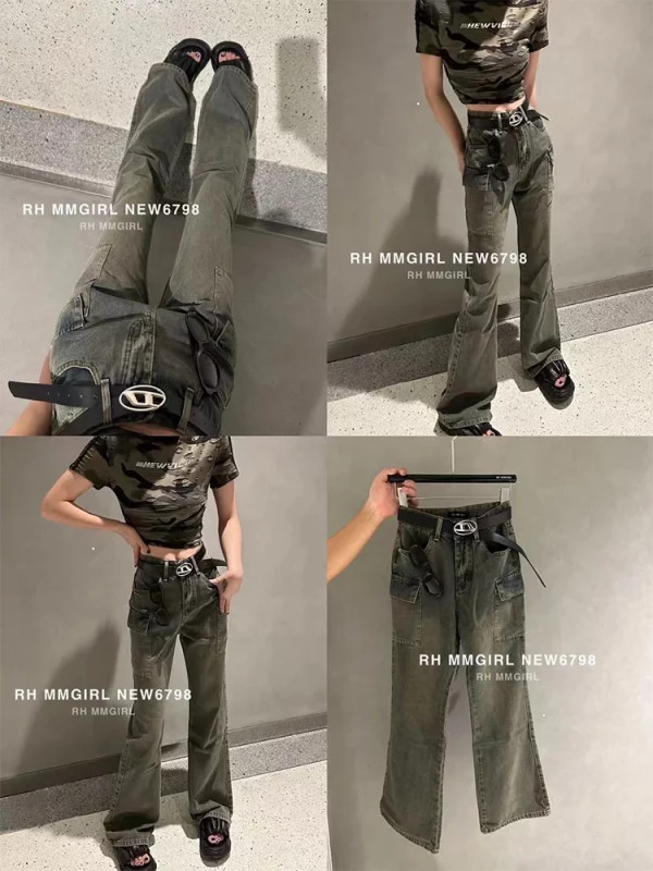 Y2K Vintage Grunge Cargo Pants - Denim Bell Bottom Flare Jeans