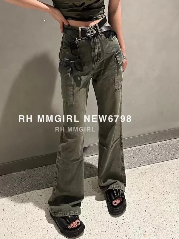 Y2K Vintage Grunge Cargo Pants - Denim Bell Bottom Flare Jeans