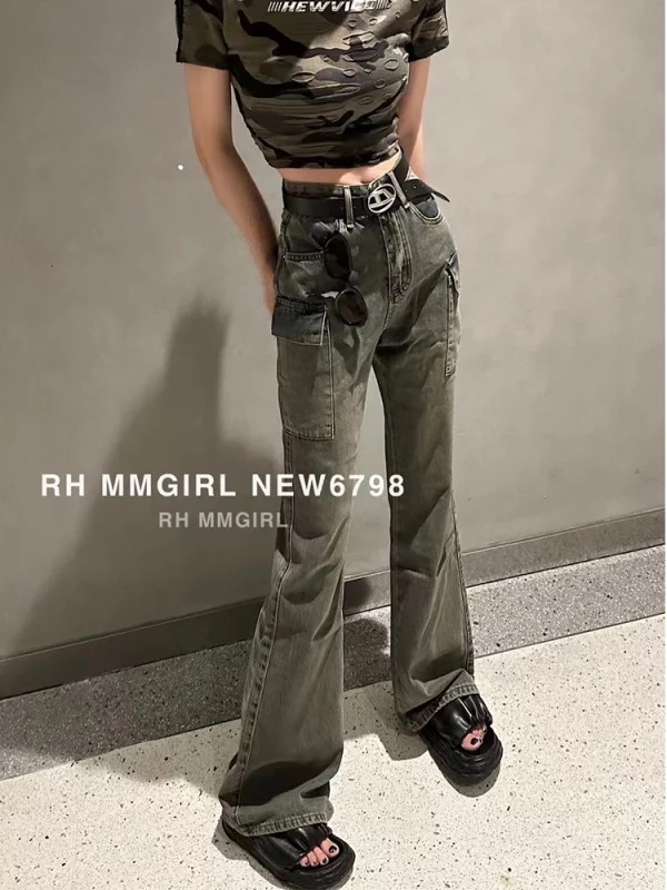 Y2K Vintage Grunge Cargo Pants - Denim Bell Bottom Flare Jeans