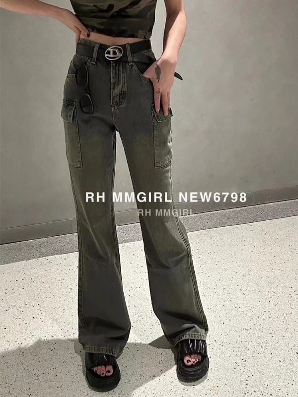 Y2K Vintage Grunge Cargo Pants - Denim Bell Bottom Flare Jeans