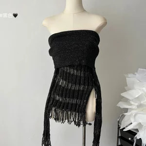 Y2K Vintage Harajuku Slash Neck Tassel Jumper - Dark Academia Cropped Sweater