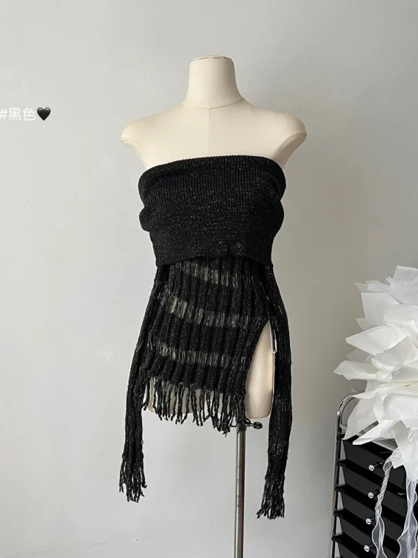 Y2K Vintage Harajuku Slash Neck Tassel Jumper - Dark Academia Cropped Sweater