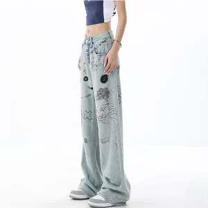 Y2K Vintage Harajuku Wide Leg Denim Pants - Graphic Baggy Jeans